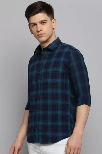 men's long sleeves tartan checks teal shirt