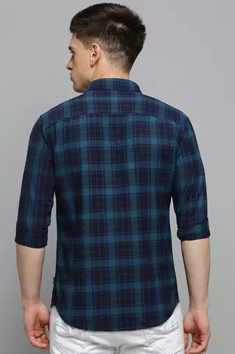 men's long sleeves tartan checks teal shirt