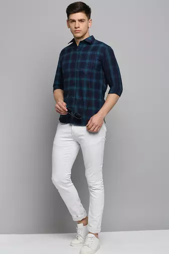 men's long sleeves tartan checks teal shirt