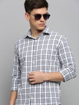 men's long sleeves tartan checks white shirt 1
