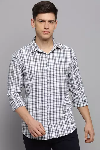 men's long sleeves tartan checks white shirt