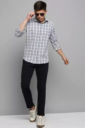men's long sleeves tartan checks white shirt
