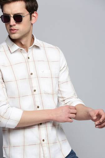 men's long sleeves other checks beige shirt