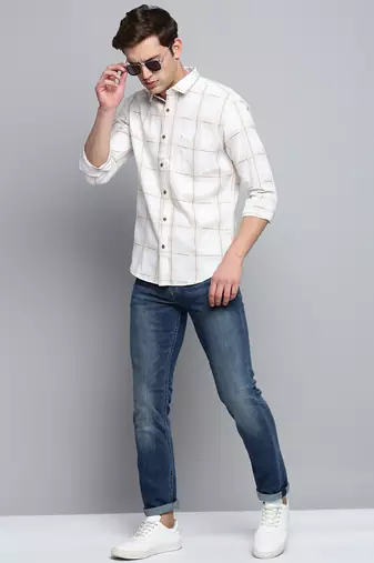 men's long sleeves other checks beige shirt