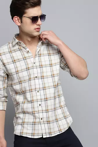 men's long sleeves windowpane checks beige shirt