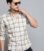 men's long sleeves windowpane checks beige shirt