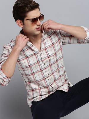 men's long sleeves windowpane checks beige shirt 1