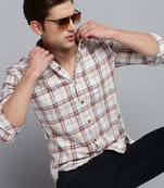 men's long sleeves windowpane checks beige shirt