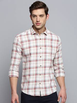 men's long sleeves windowpane checks beige shirt 2