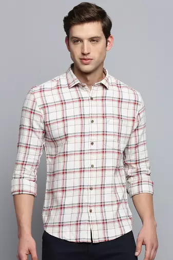 men's long sleeves windowpane checks beige shirt