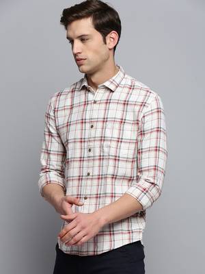 men's long sleeves windowpane checks beige shirt 3