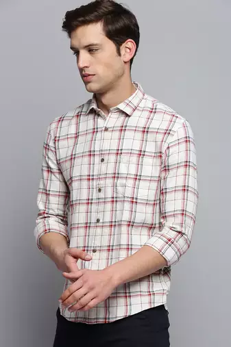 men's long sleeves windowpane checks beige shirt