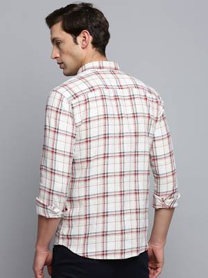 men's long sleeves windowpane checks beige shirt 4