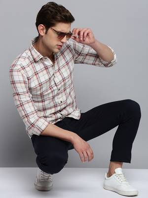 men's long sleeves windowpane checks beige shirt 5