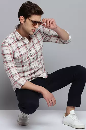 men's long sleeves windowpane checks beige shirt
