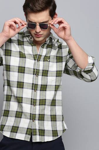 men's long sleeves other checks beige shirt
