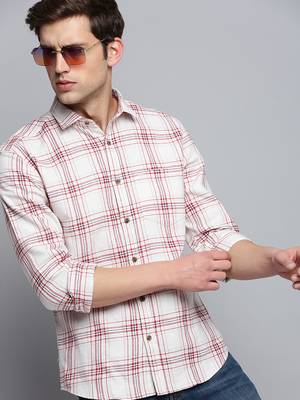 men's long sleeves windowpane checks beige shirt 1