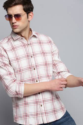 men's long sleeves windowpane checks beige shirt