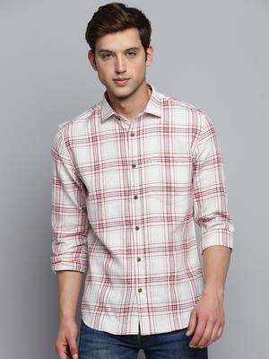 men's long sleeves windowpane checks beige shirt 2