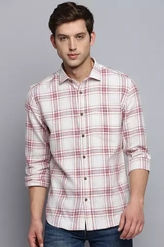 men's long sleeves windowpane checks beige shirt