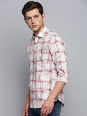 men's long sleeves windowpane checks beige shirt 3