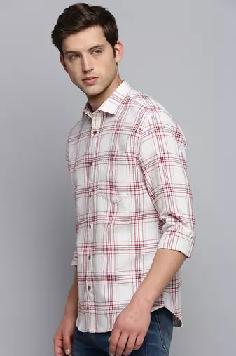 men's long sleeves windowpane checks beige shirt