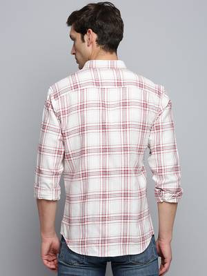 men's long sleeves windowpane checks beige shirt 4