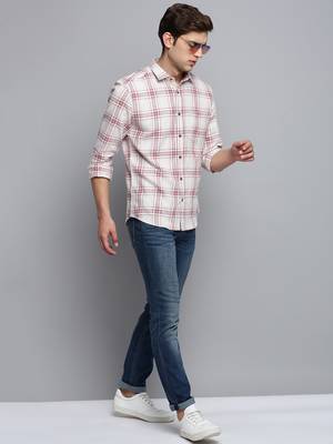 men's long sleeves windowpane checks beige shirt 5