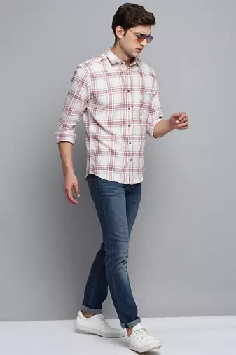 men's long sleeves windowpane checks beige shirt