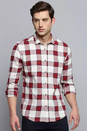 men's long sleeves tartan checks beige shirt