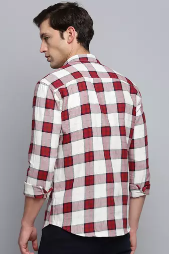 men's long sleeves tartan checks beige shirt