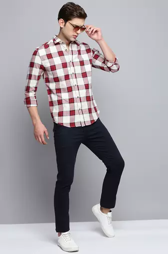 men's long sleeves tartan checks beige shirt