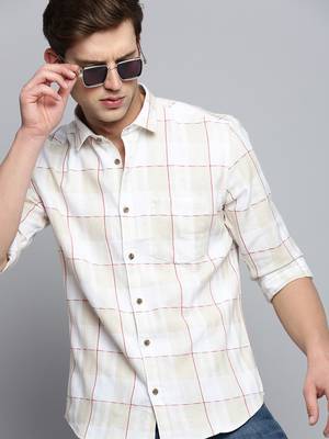 men's long sleeves windowpane checks off white shirt 1