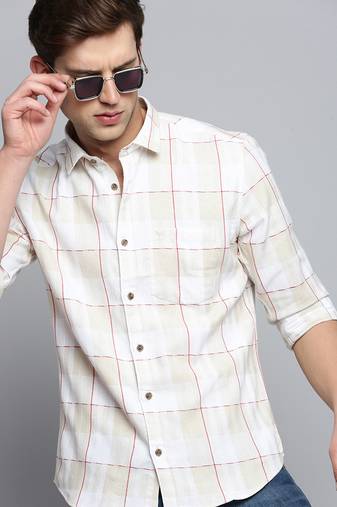 men's long sleeves windowpane checks off white shirt