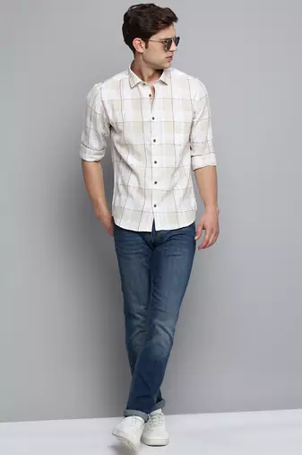 men's long sleeves windowpane checks off white shirt