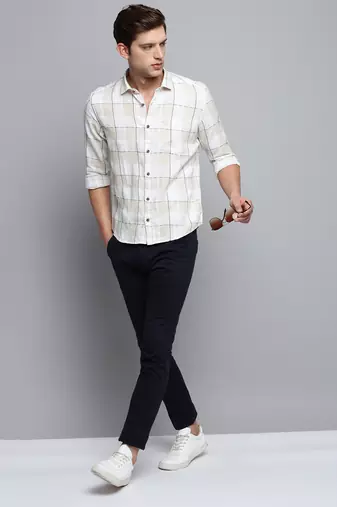 men's long sleeves windowpane checks off white shirt