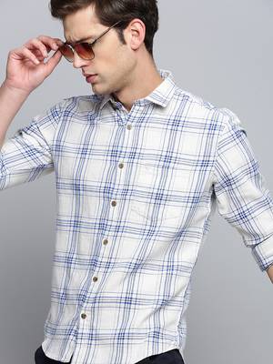 men's long sleeves tartan checks beige shirt 1