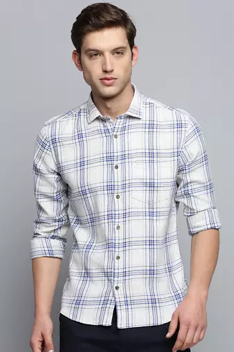 men's long sleeves tartan checks beige shirt