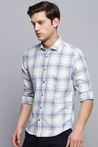 men's long sleeves tartan checks beige shirt