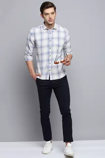men's long sleeves tartan checks beige shirt