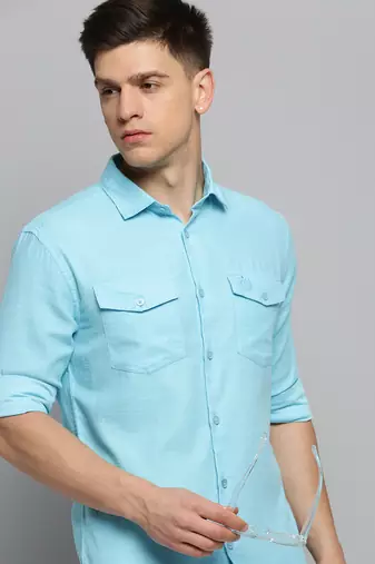 men's long sleeves solid blue shirt