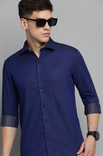 men's long sleeves polka dots navy blue shirt