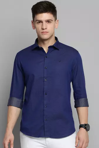 men's long sleeves polka dots navy blue shirt