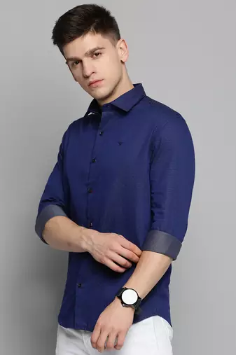 men's long sleeves polka dots navy blue shirt