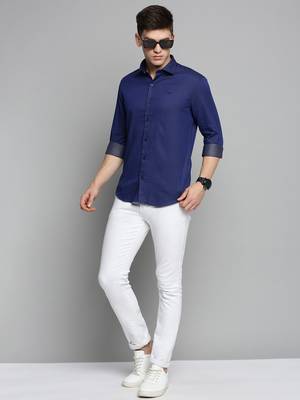 men's long sleeves polka dots navy blue shirt 5