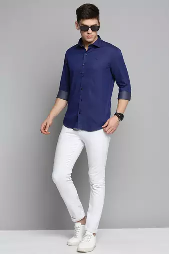 men's long sleeves polka dots navy blue shirt