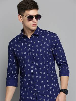 men's long sleeves conversational navy blue shirt 1