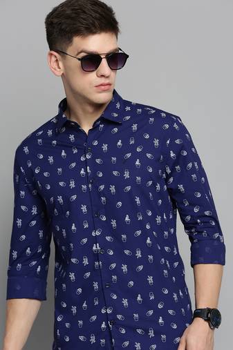 men's long sleeves conversational navy blue shirt
