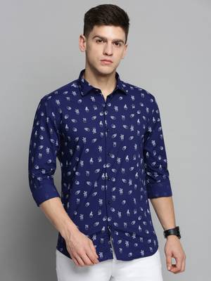 men's long sleeves conversational navy blue shirt 2