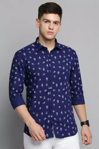 men's long sleeves conversational navy blue shirt